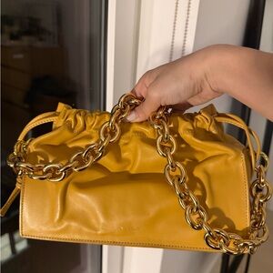 Yuzefi Yellow Leather Shoulder Bag Tote Pouch Drawstring with Gold Chain